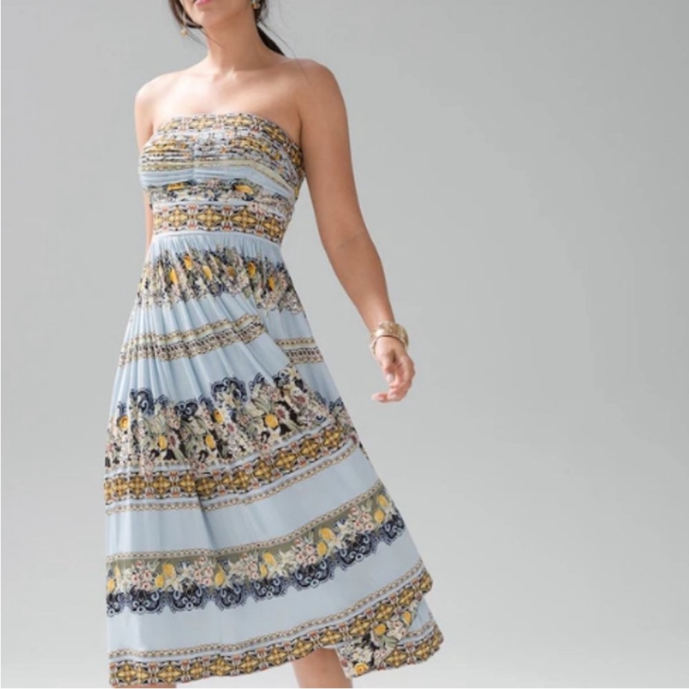 WHBM Tile Border Denim Blue Strapless Dress